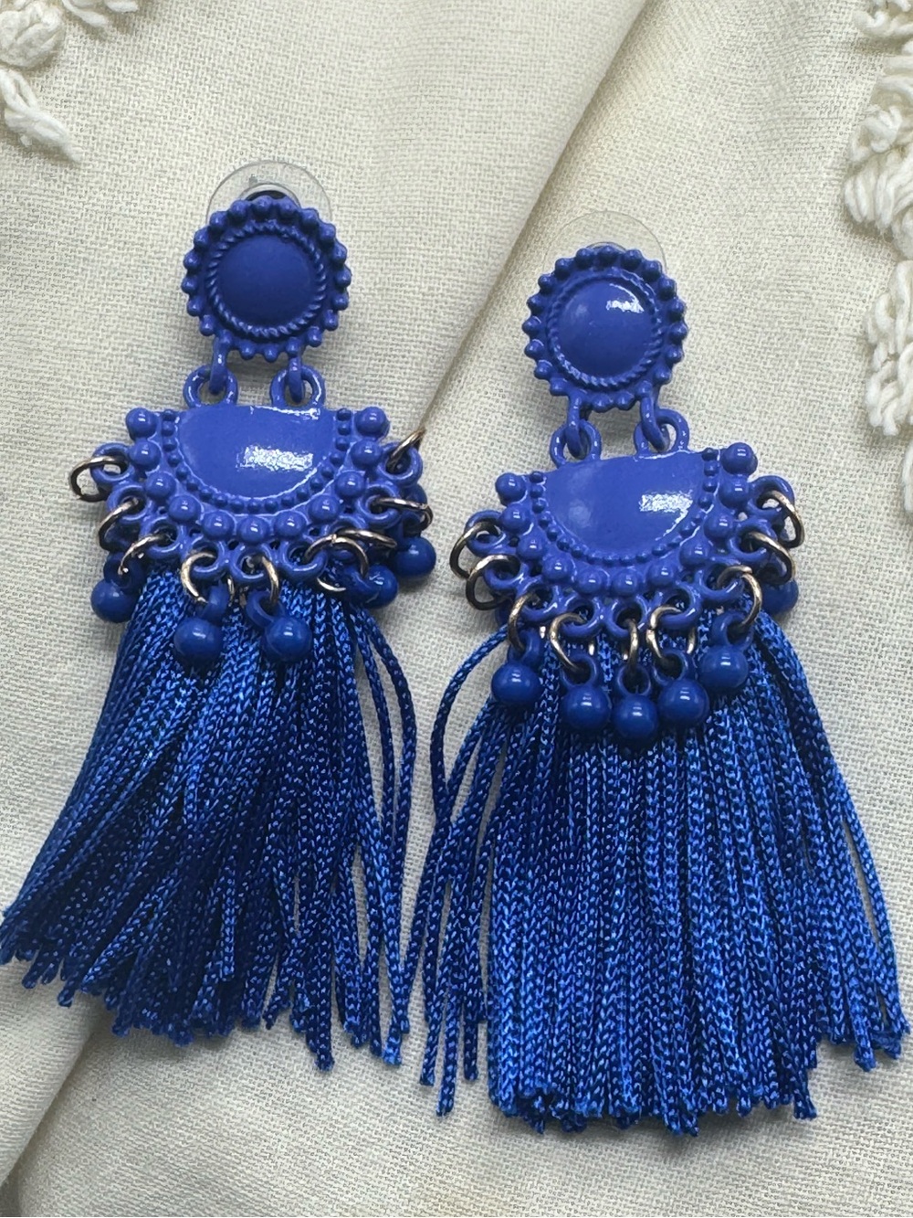 Royal Blue Textile Tassel Statement Earrings Boho Drop